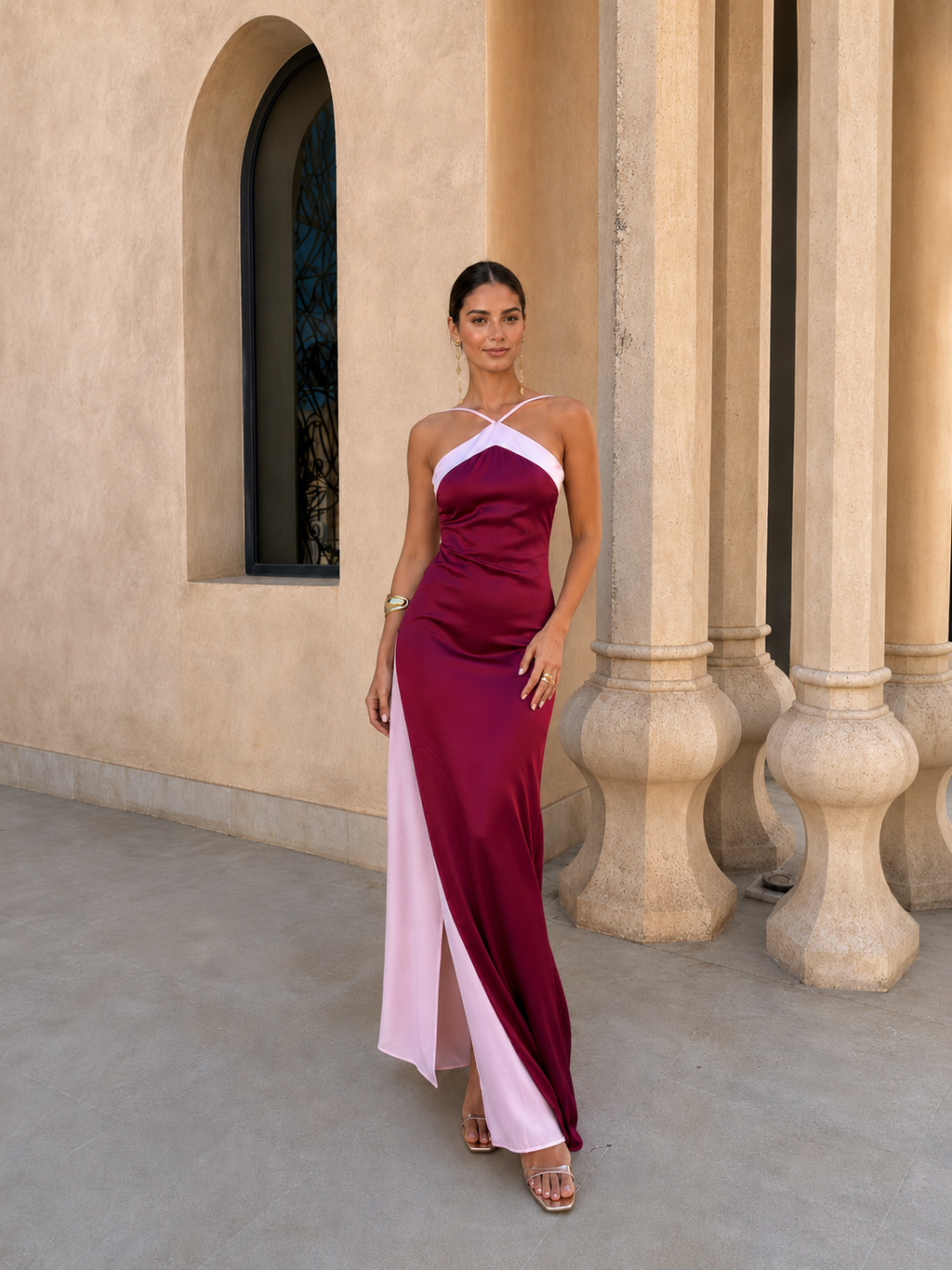 Vestido largo | Satinado con escote cruzado