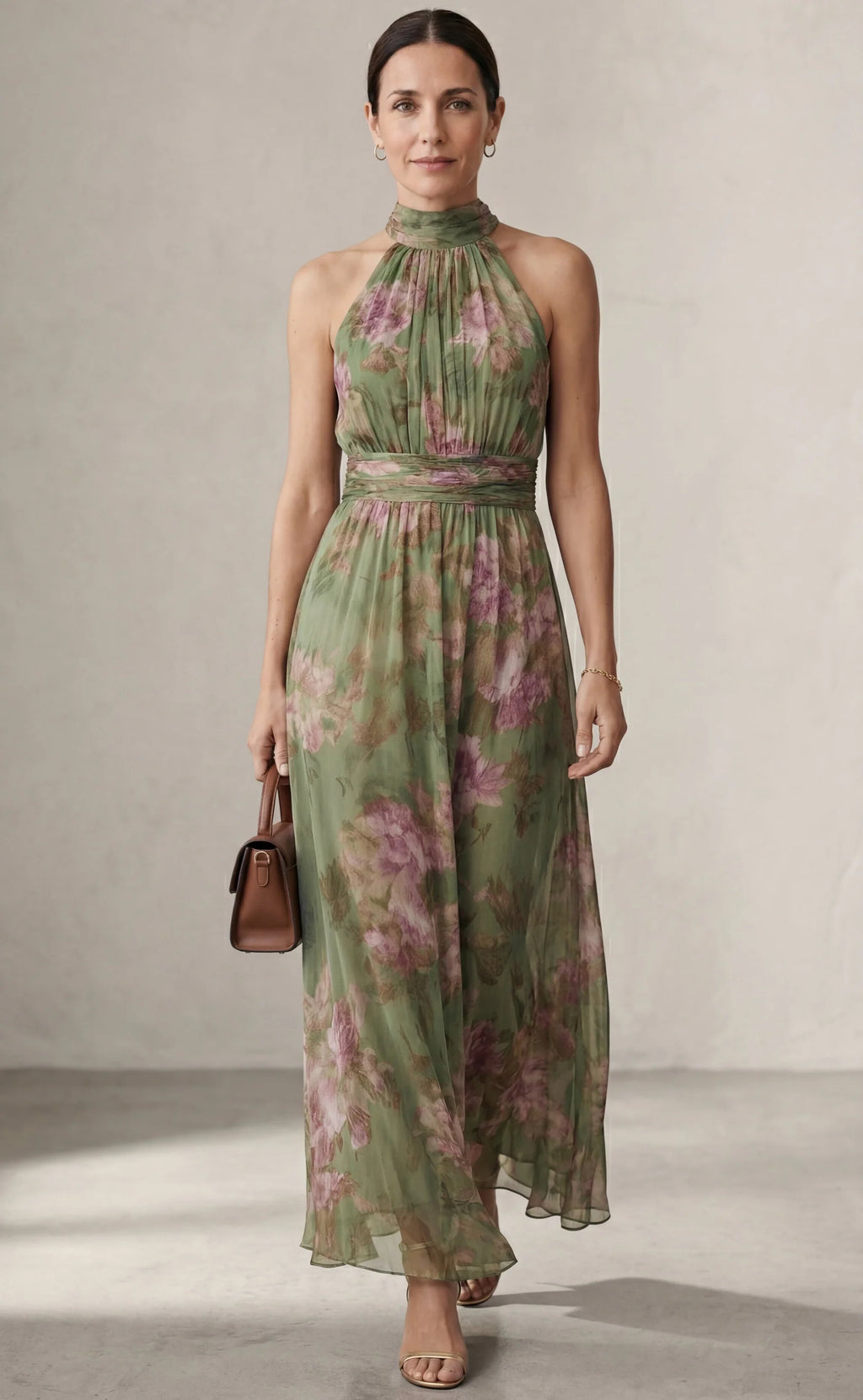 Silvia | Vestido maxi halter de chifón verde con estampado floral