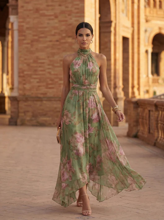 Silvia | Vestido maxi halter de chifón verde con estampado floral