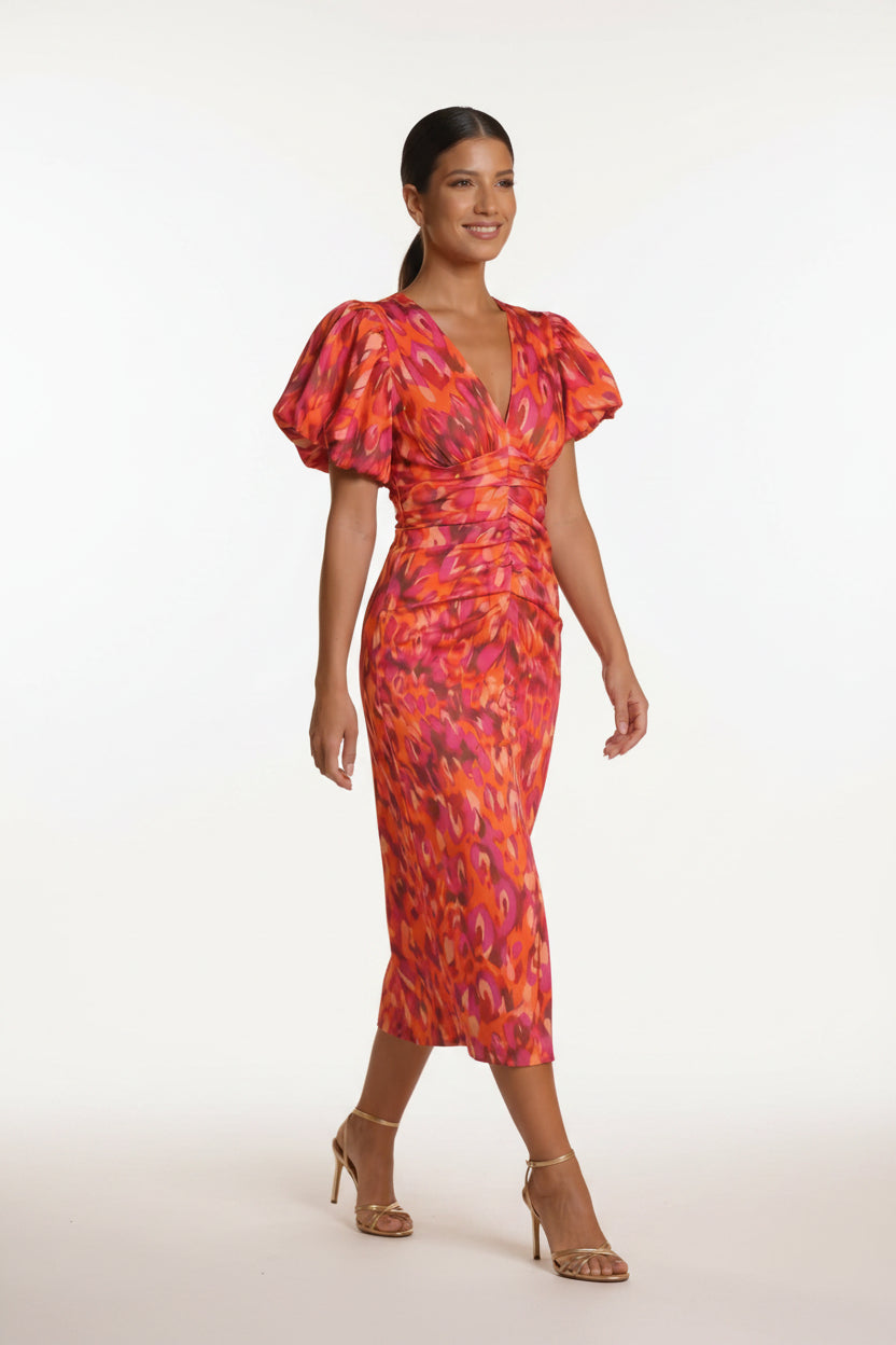 CARLA |  VESTIDO MIDI ESTAMPADO CON MANGAS ABULLONADAS