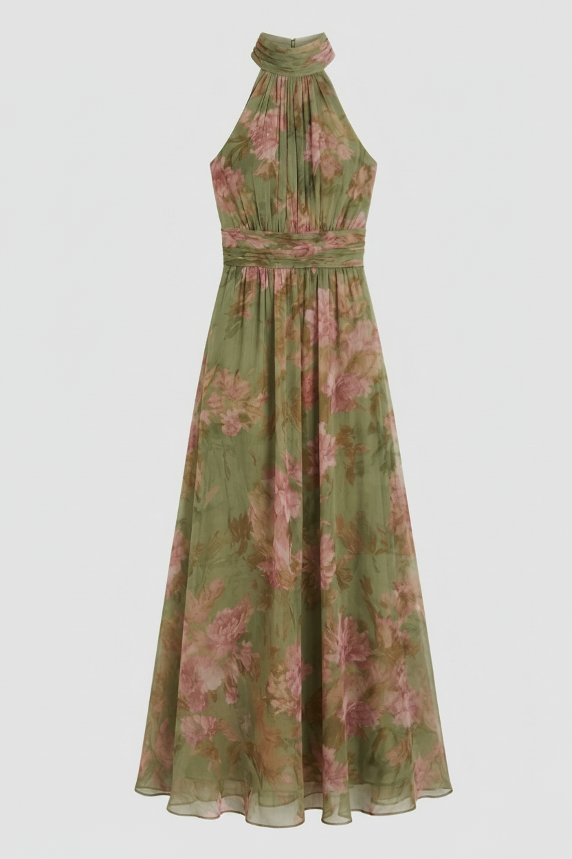 Silvia | Vestido maxi halter de chifón verde con estampado floral