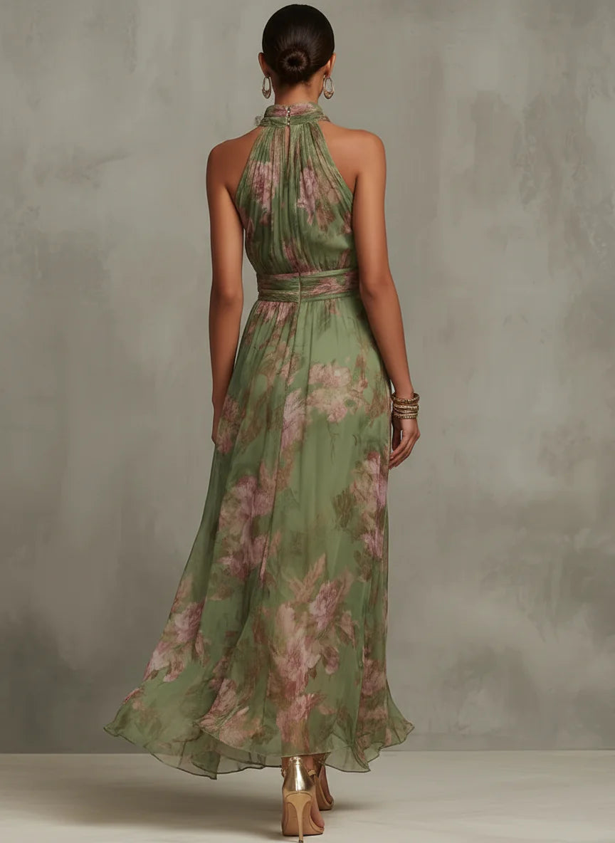 Silvia | Vestido maxi halter de chifón verde con estampado floral